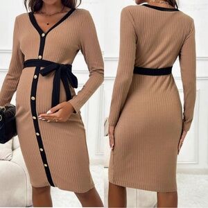 SHEIN Tan Long Sleeve V-Neck Sheath Dress